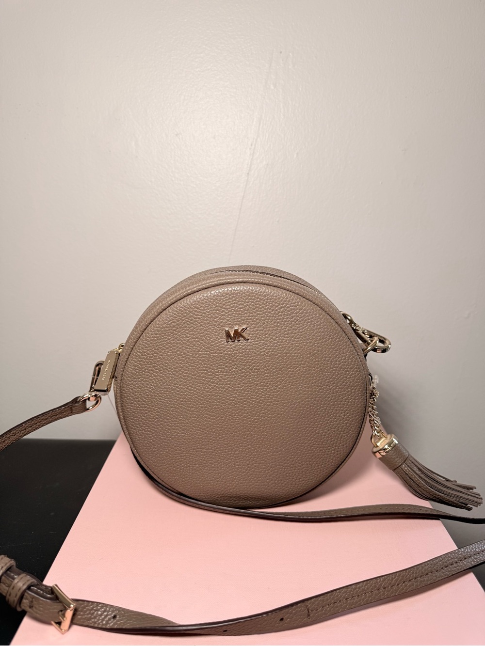 Michael Kors Round Crossbody Bag | Pebbled Leather | Taupe Gray | Tassel | NWOT